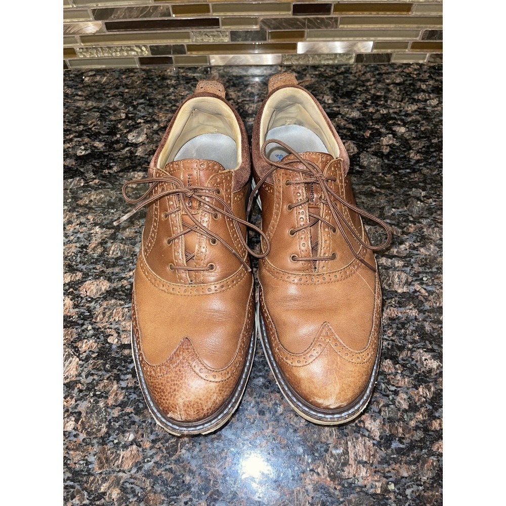 ASHWORTH Men's 9 1/2 Brown/tan Leather Wingtip Golf Shoes Spike-less Sneaker